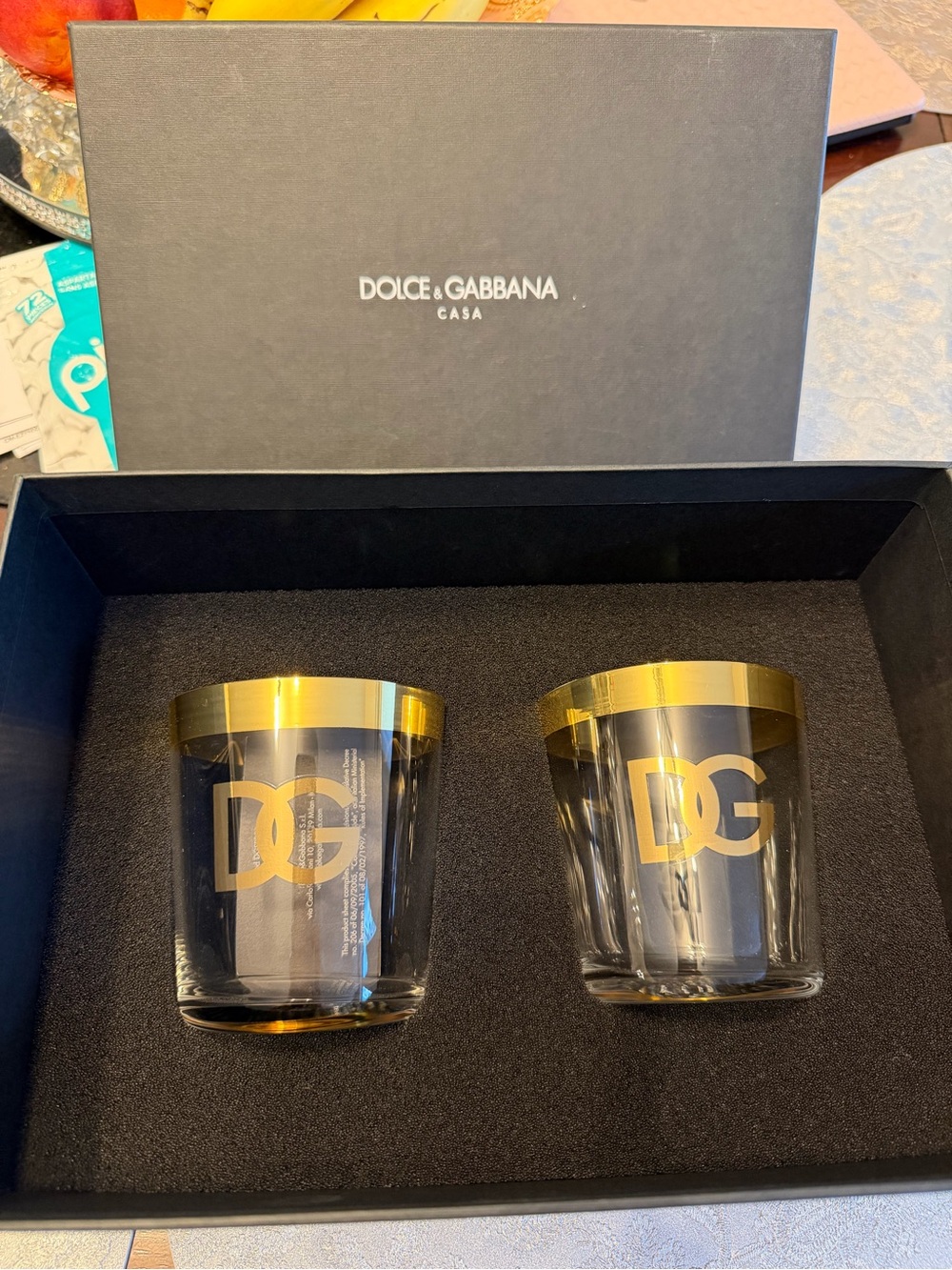 Dolce & Gabbana Black and Gold DG Logo Glass Tumbler Pair